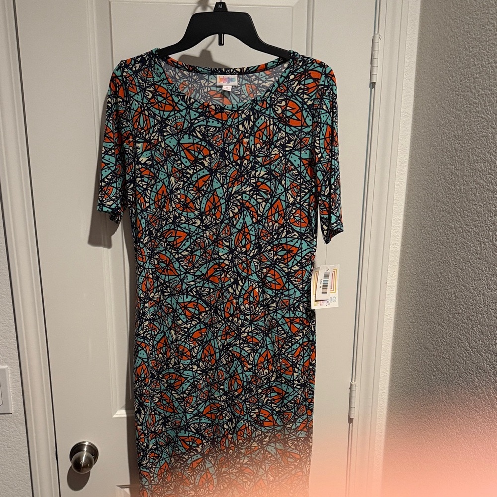 LuLaRoe Vibrant Orange and Teal Patterned Julia Dress